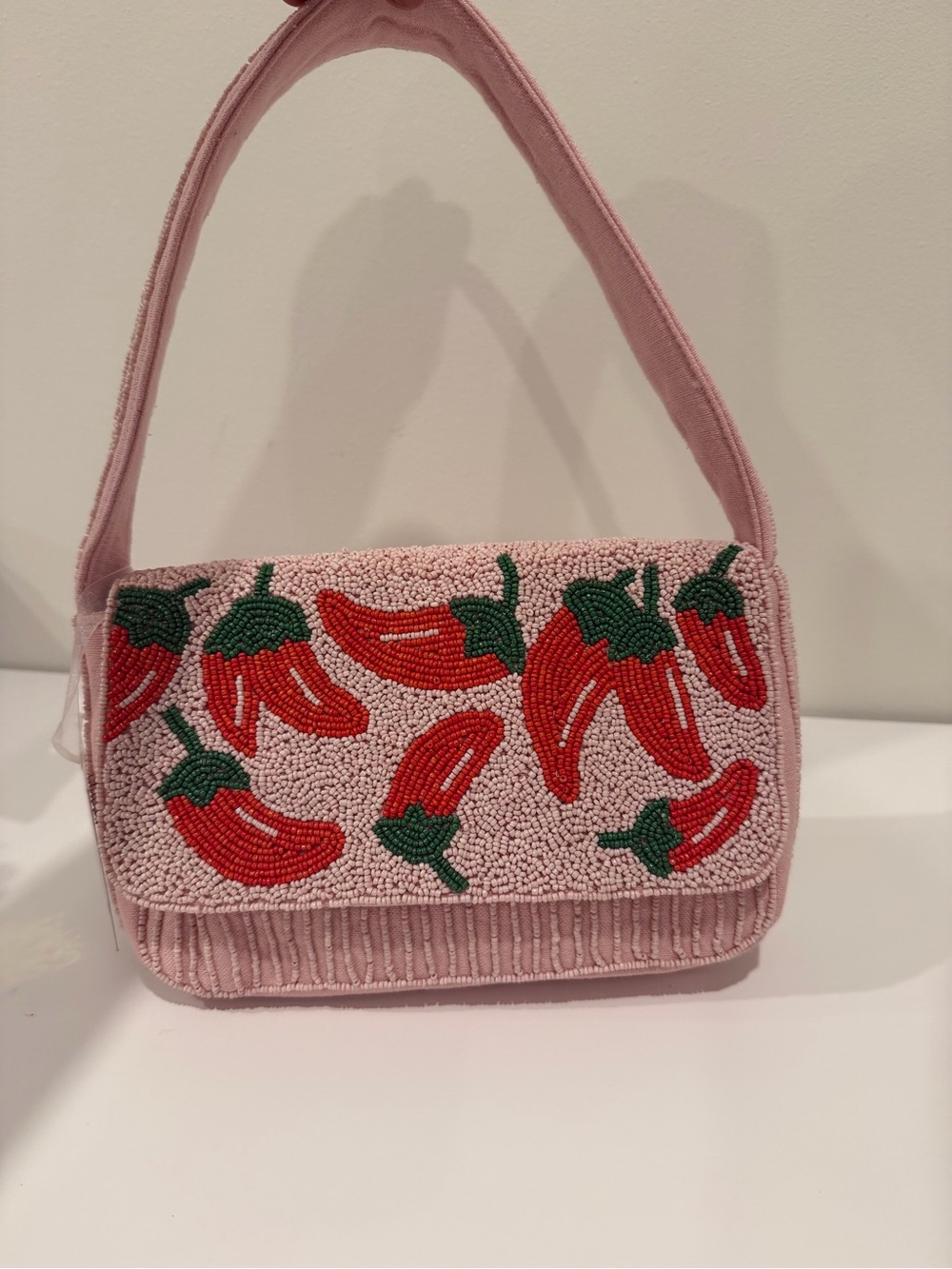 Pink Chili Pepper Beaded Shoulder Bag